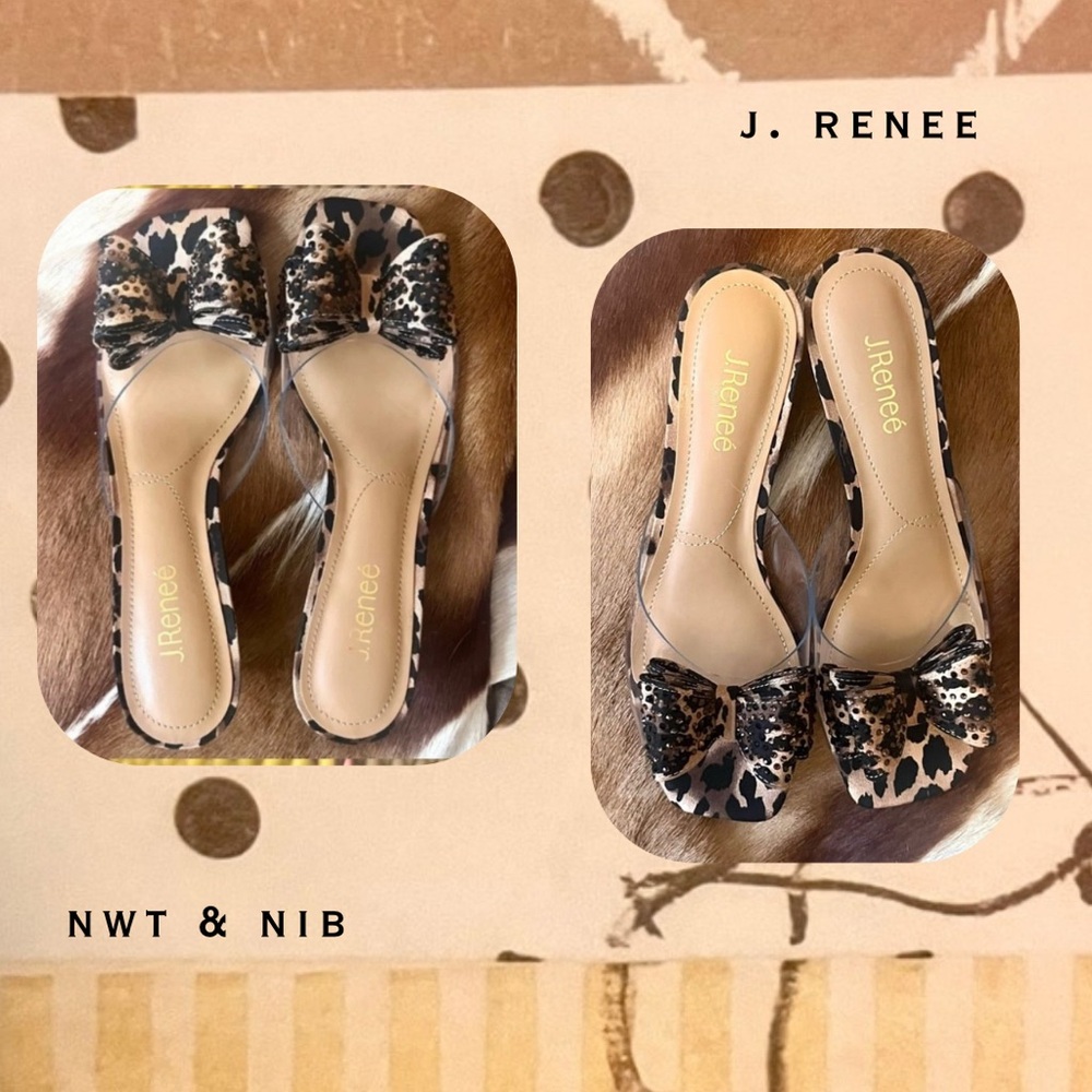 🌀🏷️🎉🆕 J. Renee • leopard print jewel bow open toe wedges